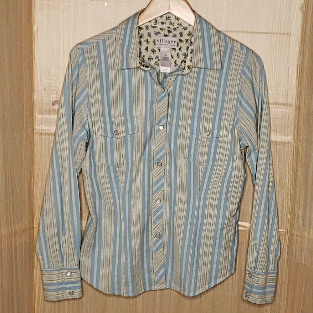 Villager Womens Pastel Striped Pearl Snap Down Shirt 12